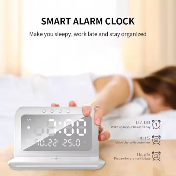 Unique 2 in 1 Mirror Wireless Charger Clock LED Desktop Digital Alarm Clock Wireless Charger With Temperature and Date Display - Image 2