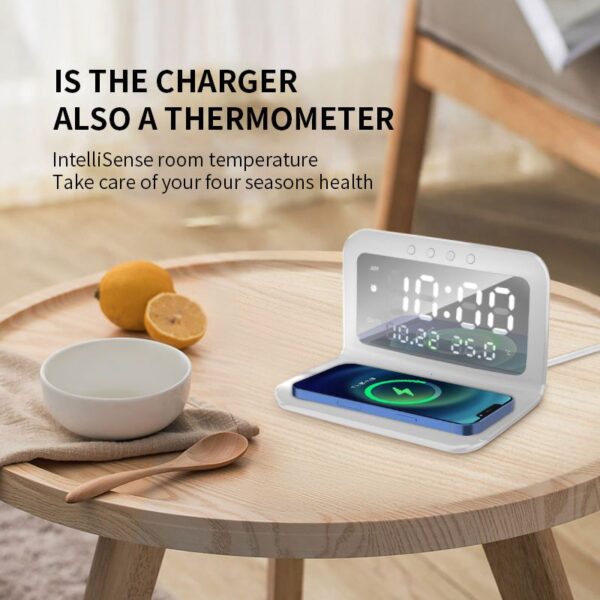 Unique 2 in 1 Mirror Wireless Charger Clock LED Desktop Digital Alarm Clock Wireless Charger With Temperature and Date Display - Image 3