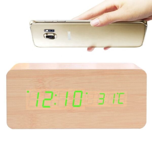 Multifunctional 2IN1 Wooden Wireless Charger with Led Digital Alarm Clock - Image 2