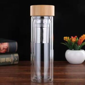 Double Walled Borosilicate Glass Travel Long Tea Infuser Tumbler Bamboo Tea Water Bottle