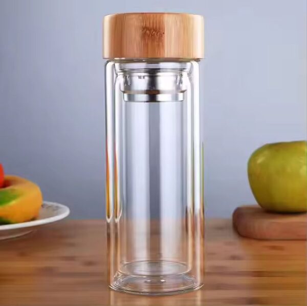 Double Walled Borosilicate Glass Travel Long Tea Infuser Tumbler Bamboo Tea Water Bottle - Image 2