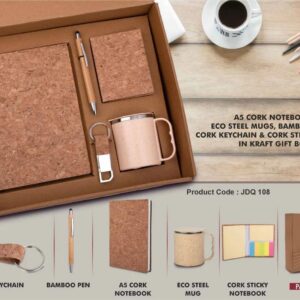 Corporate Gift Set 5 in 1 A5 CORK NOTEBOOK, ECO STEEL MUGS, BAMBOO PEN & CORK KEYCHAIN & CORK STICKY NOTEPAD IN KRAFT GIFT BOX
