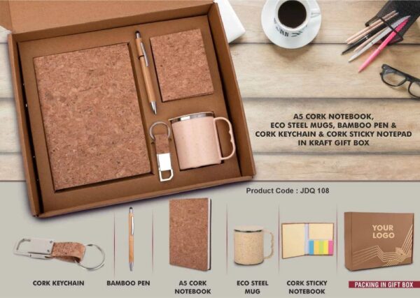 Corporate Gift Set 5 in 1 A5 CORK NOTEBOOK, ECO STEEL MUGS, BAMBOO PEN & CORK KEYCHAIN & CORK STICKY NOTEPAD IN KRAFT GIFT BOX