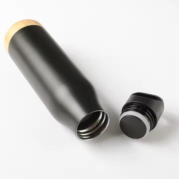 Wooden Bottom Sport Thermos Flask Double Walled Water Bottle Travel Drinking Flask with Handle Lid - Image 2